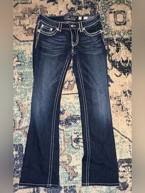 Miss Me Dark Blue Wide Leg Jeans with Contrast Stitching